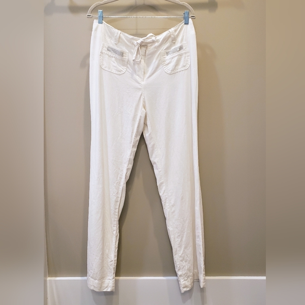 Ingredients Linen Rayon Pants Wide Leg Hi Rise Sz 10 White Silver Bling Pockets